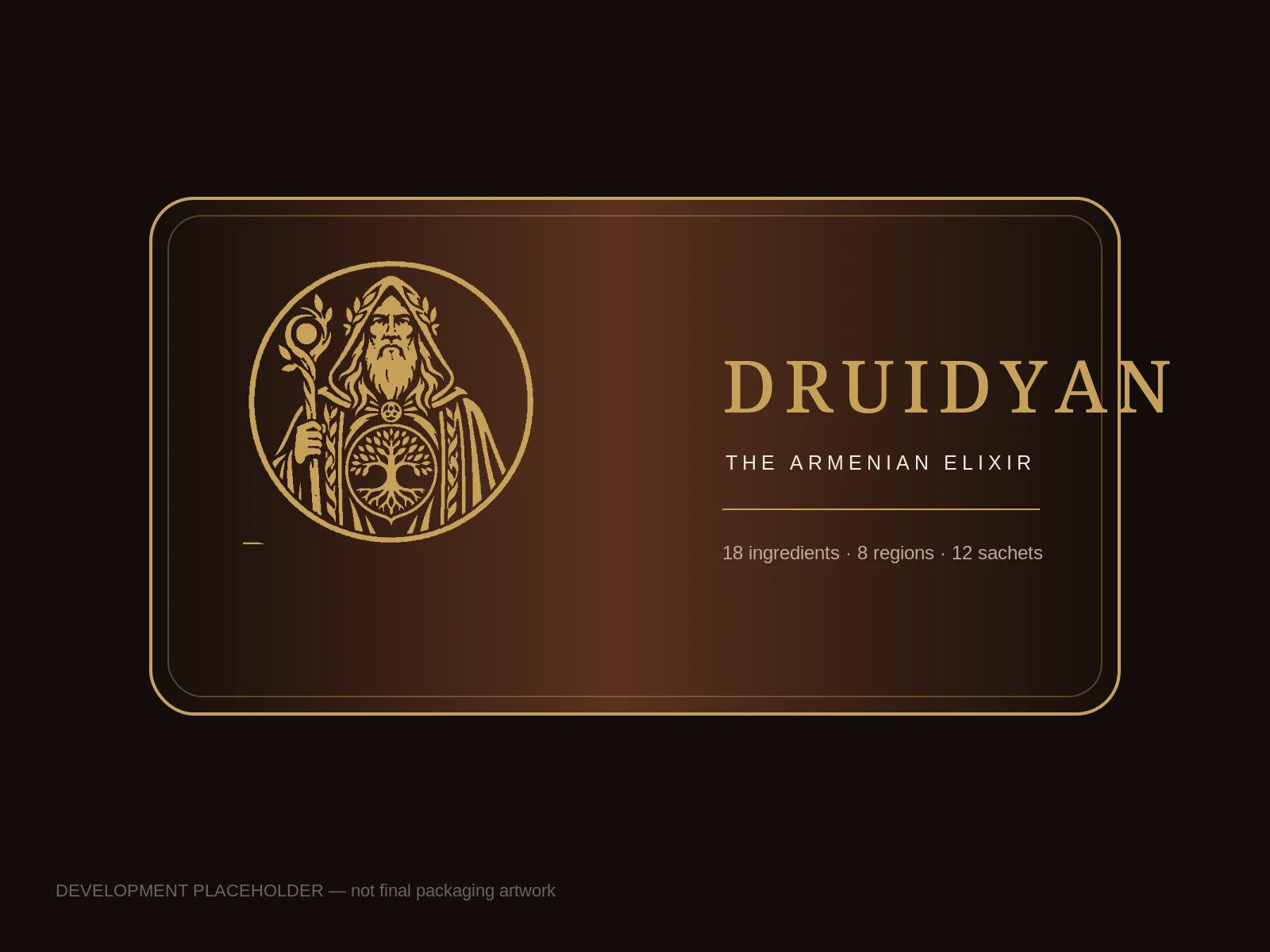 DRUIDYAN-ի փակ պրեմիում տուփը՝ ոսկեգույն լոգոտիպով։