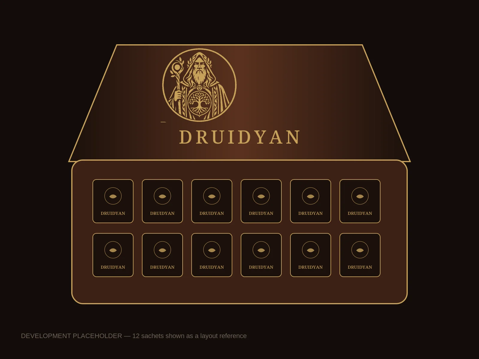 Բացված DRUIDYAN տուփ՝ 12 անհատական փաթեթիկներով։